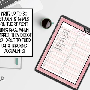 May include: A pink and white digital planner with the text "STUDENT LINKS" and "COVER" and "INDEX" at the top. The planner has a list of numbers 1 through 30 with blank spaces next to each number for writing student names.