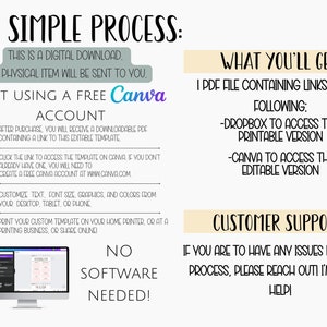 May include: A digital download guide with instructions on how to edit a printable template using Canva. The guide includes information about accessing the printable and editable versions of the template. It also includes customer support information.