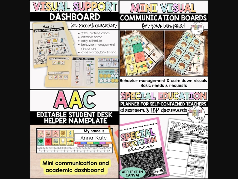 May include: A collection of printable visual supports for special education teachers. The images show a visual support dashboard, mini communication boards, an editable student desk helper nameplate, and a special education planner. The text on the images includes "Visual Support Dashboard", "Mini Visual Communication Boards", "AAC Editable Student Desk Helper Nameplate", and "Special Education Planner".