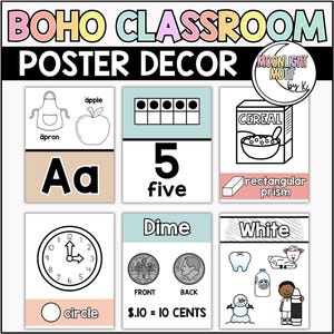 Carteles de aula neutrales boho, decoración del aula boho, carteles del alfabeto, carteles de referencia de educación especial, carteles de formas, etiqueta de reloj boho