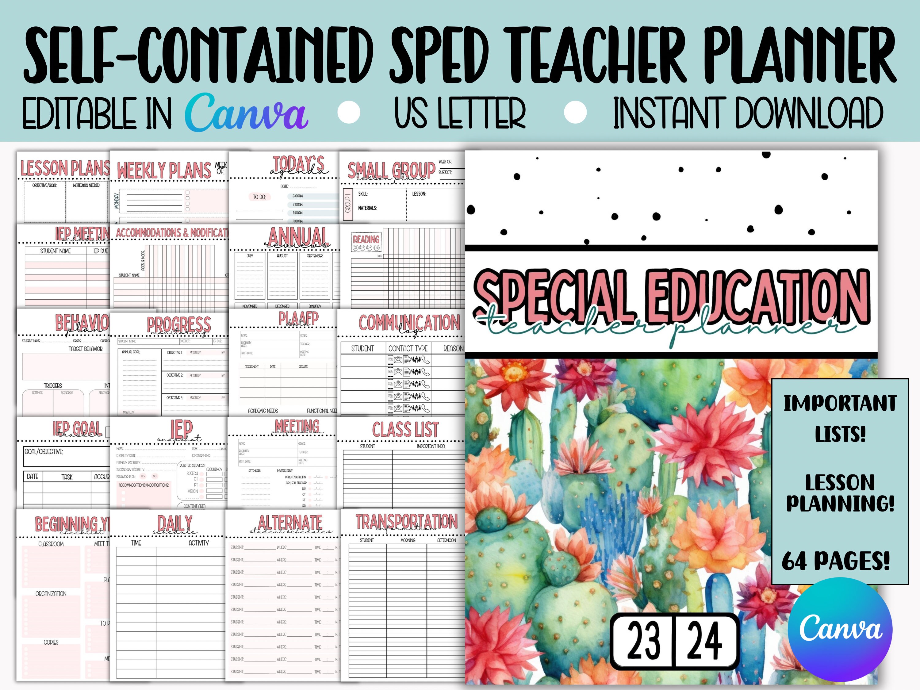 Self Contained Special Education Planner, Editable Cactus Teacher