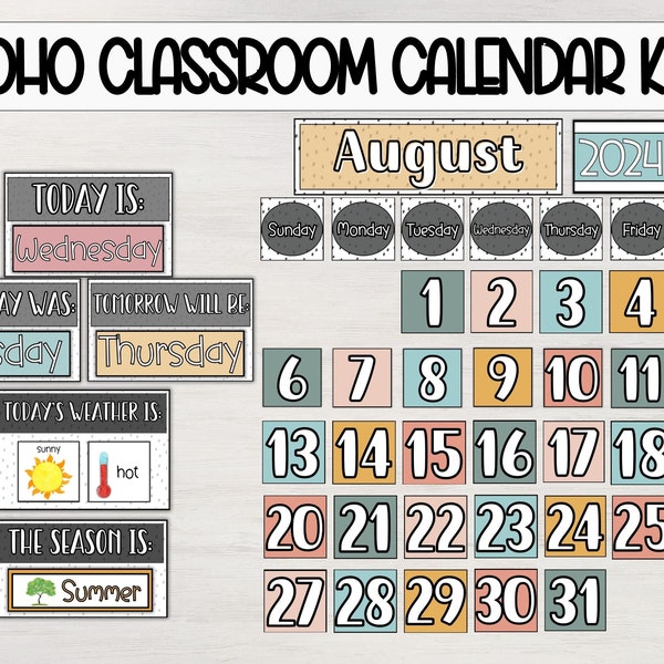 Druckbarer neutraler Klassenzimmer Kalender, Boho Kalender Set, Klassenzimmer Boho Dekor, Sofort Download, Lehrerbedarf, Kalender Set,