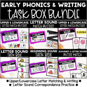 Cajas de tareas con sonidos de letras, actividades del alfabeto, centros de preescolar y jardín de infantes, juegos de alfabetización temprana, formación de letras, educación especial