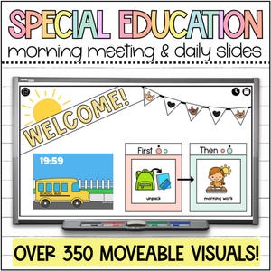 Reunião matinal de educação especial, mais de 350 recursos visuais móveis, slides diários SPED, suportes visuais, painel de aprendizagem, parede de foco digital