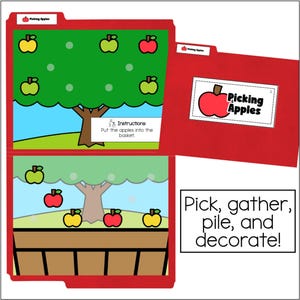 May include: A red file folder activity titled Picking Apples featuring a green tree with yellow, green, and red apples, a brown basket, and instructions to put the apples into the basket. A separate red folder cover and a sign reading Pick, gather, pile, and decorate!