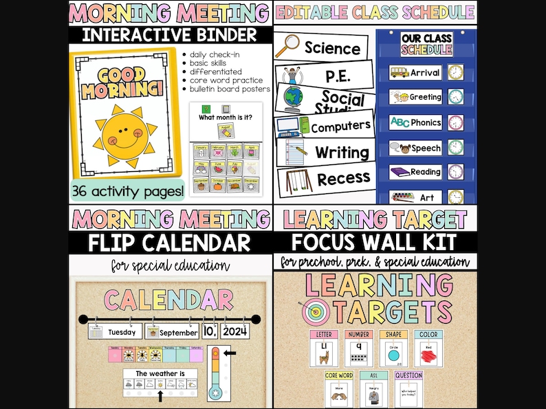 May include: A set of printable classroom resources for morning meeting and learning targets. The set includes a colorful interactive binder, a flip calendar, and a focus wall kit. The resources are designed for special education, preschool, pre-k, and kindergarten.