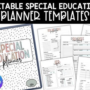以下が含まれることがあります： 「スペシャルエデュケーションプランナー」と書かれたカラフルな表紙を持つ、編集可能な特別支援教育プランナーテンプレート。テンプレートには、IEPミーティング、進捗状況のモニタリング、PLAAFPのためのフォームが含まれています。