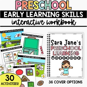 May include: A colourful printable preschool workbook with 30 activities and 36 cover options. The cover features a girl with brown hair and a blue shirt. The title is "Sara Jane's Preschool Learning Workbook".