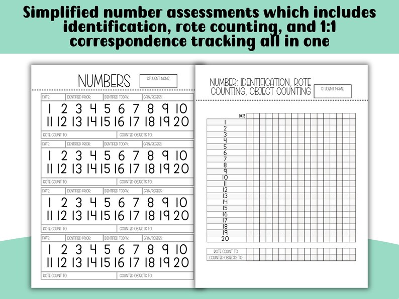 May include: Black and white printable worksheet for number identification, rote counting, and object counting. The worksheet includes a section for writing numbers 1-20, a section for rote counting, and a grid for object counting.