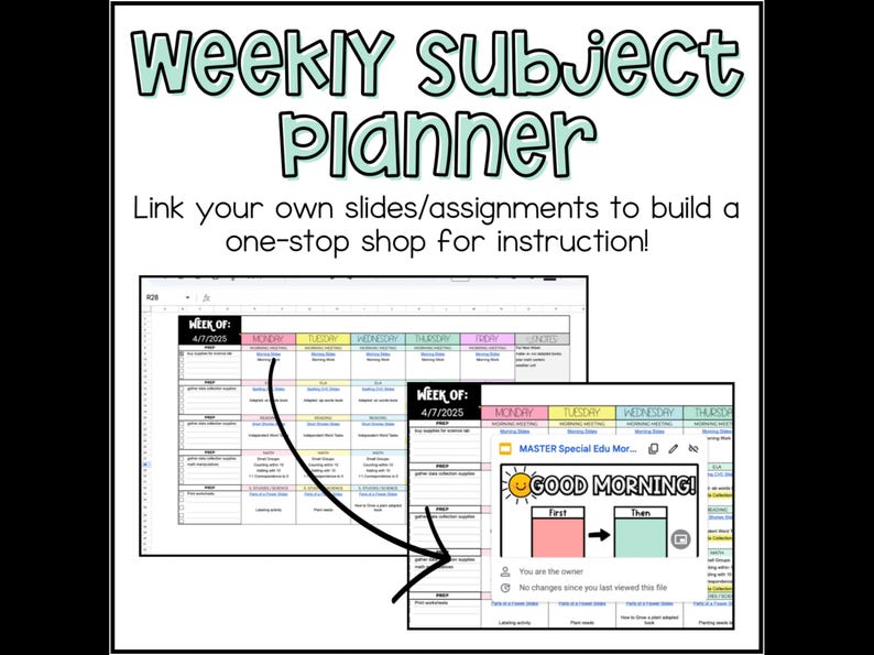 May include: A digital weekly subject planner with the text "weekly subject planner" in a whimsical font. The planner includes a calendar layout with sections for each day of the week, and the text "Link your own slides/assignments to build a one-stop shop for instruction!"