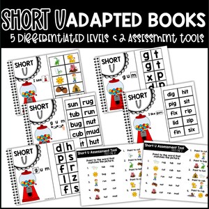 May include: A set of five differentiated short "u" sound books for early readers. Each book features a colorful gumball machine with the letter "u" and a variety of words with the short "u" sound. The books also include assessment tools to help teachers assess student understanding.