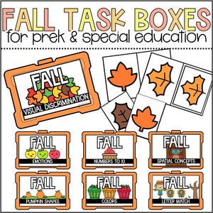 May include: Educational fall-themed task boxes for pre-K and special education. The image features boxes with titles like "Visual Discrimination," "Emotions," "Numbers to 10," and "Pumpkin Shapes." Colorful leaves and fall elements are displayed.