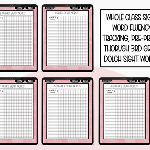 May include: A printable chart for tracking student progress on Dolch sight words. The chart is divided into sections for pre-primer, primer, 1st, 2nd, and 3rd grade sight words. Each section has a grid with spaces for student names and the number of words they have mastered.
