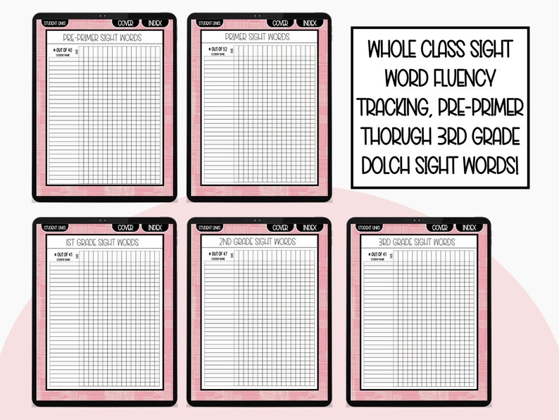 May include: A printable chart for tracking student progress on Dolch sight words. The chart is divided into sections for pre-primer, primer, 1st, 2nd, and 3rd grade sight words. Each section has a grid with spaces for student names and the number of words they have mastered.