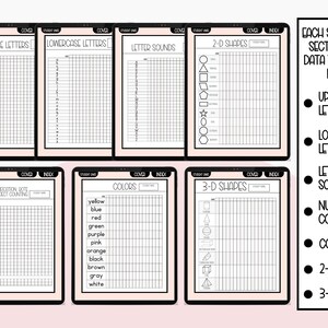 May include: A set of printable data tracking sheets for students learning uppercase and lowercase letters, letter sounds, numbers, colors, and 2D and 3D shapes. Each sheet has a grid for recording student progress.