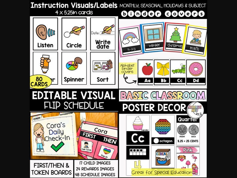 May include: A set of 80 printable classroom visuals and labels for teachers. The visuals include images and text for common classroom activities such as listening, writing, circling, and sorting. The labels are 4 inches by 5.25 inches. The set also includes editable visual flip schedule cards, first/then and token boards, and basic classroom poster decor.