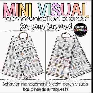 May include: Mini visual communication boards for your lanyard, featuring behaviour management and calm down visuals, plus basic needs and requests. The cards display stick figure icons with text labels like How can I calm down, want, help, and bathroom.