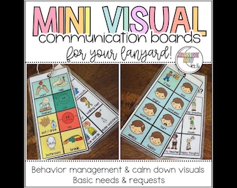 May include: Mini visual communication boards for lanyards. The boards feature colourful illustrations and text for basic needs, requests, and behaviour management. Includes images for emotions, actions, and requests.