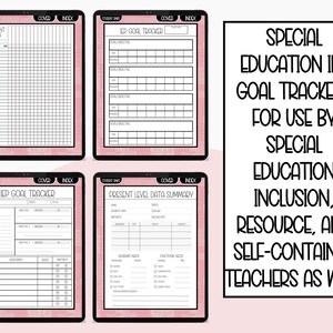 May include: Four printable IEP goal tracker templates for special education teachers. The templates are designed for use by special education inclusion, resource, and self-contained teachers. The templates are in black and white with a pink background.