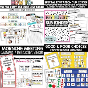 May include: A set of printable resources for teachers, including a morning meeting calendar, a good and poor choices reinforcement activity, and a special education sub binder. The resources feature colorful graphics and text.