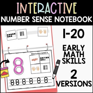 May include: Interactive number sense notebook for early math skills, featuring the number 8. The notebook includes different ways to represent the number 8, such as dots, fingers, and tally marks. It also includes a practice page for writing the number 8. The notebook is designed for children ages 3-5.