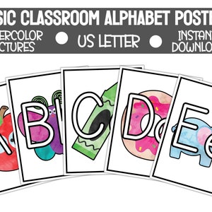 Printable Basic Classroom Decor, Watercolor Alphabet Classroom Posters, Teacher Classroom Supplies, Neutral Classroom Decor