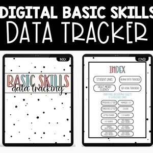 May include: Two digital tablet screens showing an index page for a "Basic Skills Data Tracking" resource. The index page lists various printable resources for tracking student progress in basic skills, including sight word fluency, letter sounds, and numbers.