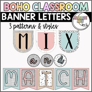 Cartas de banner del aula boho, decoración del aula boho, cartas del tablón de anuncios, carta de pared de palabras, suministros para maestros, alfabeto neutro