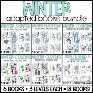 May include: A bundle of winter-themed adapted books. The title "WINTER adapted books bundle" is at the top. The books cover shapes, emotions, counting, colors, clothes, and building a snowman. Each set has 3 levels, totaling 18 books.