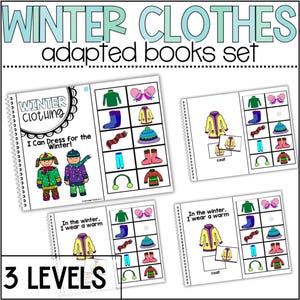 Può includere: Un set di libri adattati intitolato "WINTER CLOTHES" con il testo "adapted books set" in alto. I libri presentano illustrazioni di capi di abbigliamento invernale come cappotti, cappelli e stivali. Il set include tre livelli.
