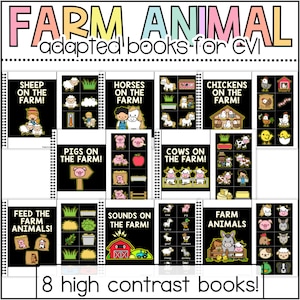 Op de afbeelding: Een verzameling van acht spiraalgebonden educatieve boeken getiteld FARM ANIMAL adapted books for CVI. Elk boek heeft een contrastrijke zwarte achtergrond met kleurrijke illustraties van boerderijdieren, schuren en gras, inclusief teksten zoals SHEEP ON THE FARM.