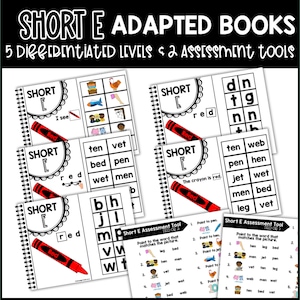 May include: Five differentiated short 'e' sound books for early readers. Each book features a different level of difficulty, with the first book showing pictures and the last book having a word list. The books are designed to help children learn the short 'e' sound and build their reading skills. There are also two assessment tools included.