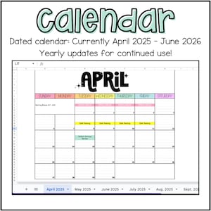 May include: A dated calendar, April 2025 to June 2026, with the title "Calendar" in a whimsical font. The month of April is displayed with color-coded days and highlighted dates for events like "SAA Testing".