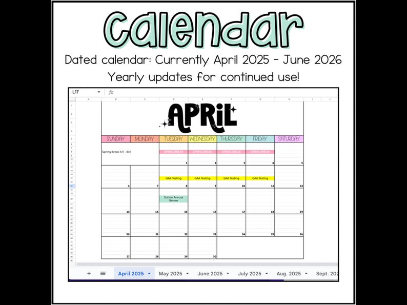 May include: A dated calendar, April 2025 to June 2026, with the title "Calendar" in a whimsical font. The month of April is displayed with color-coded days and highlighted dates for events like "SAA Testing".