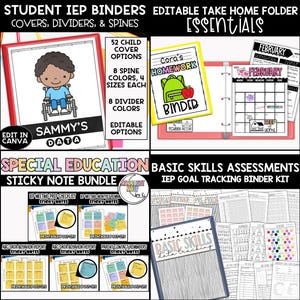 May include: A set of printable resources for special education teachers. The set includes a binder kit with covers, dividers, and spines, a sticky note bundle, and a basic skills assessment kit. The binder kit features a colorful design with a cartoon character in a wheelchair. The sticky note bundle includes a variety of notes with different themes, such as meeting prep checklists, parent contact reminders, and ABC data report sticky notes. The basic skills assessment kit includes a variety of printable sheets for tracking student progress.