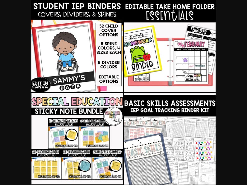 May include: A set of printable resources for special education teachers. The set includes a binder kit with covers, dividers, and spines, a sticky note bundle, and a basic skills assessment kit. The binder kit features a colorful design with a cartoon character in a wheelchair. The sticky note bundle includes a variety of notes with different themes, such as meeting prep checklists, parent contact reminders, and ABC data report sticky notes. The basic skills assessment kit includes a variety of printable sheets for tracking student progress.