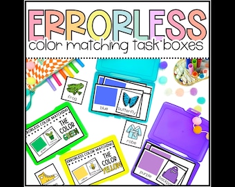 Caixas de tarefas de correspondência de cores sem erros, atividades de aprendizagem sem erros para educação especial, cartões de tarefas para pré-escola, recursos para autismo, atividades com cores