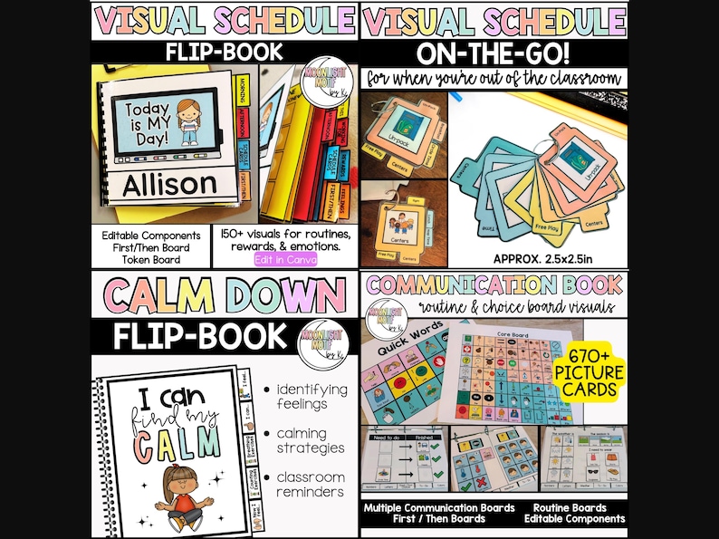 May include: A set of printable visual schedule and communication book resources for teachers. The set includes a flip book with a visual schedule, a calm down flip book, and a communication book with quick words, core boards, and first/then boards. The communication book includes 670+ picture cards. The resources are designed to help students with routines, rewards, and emotions.
