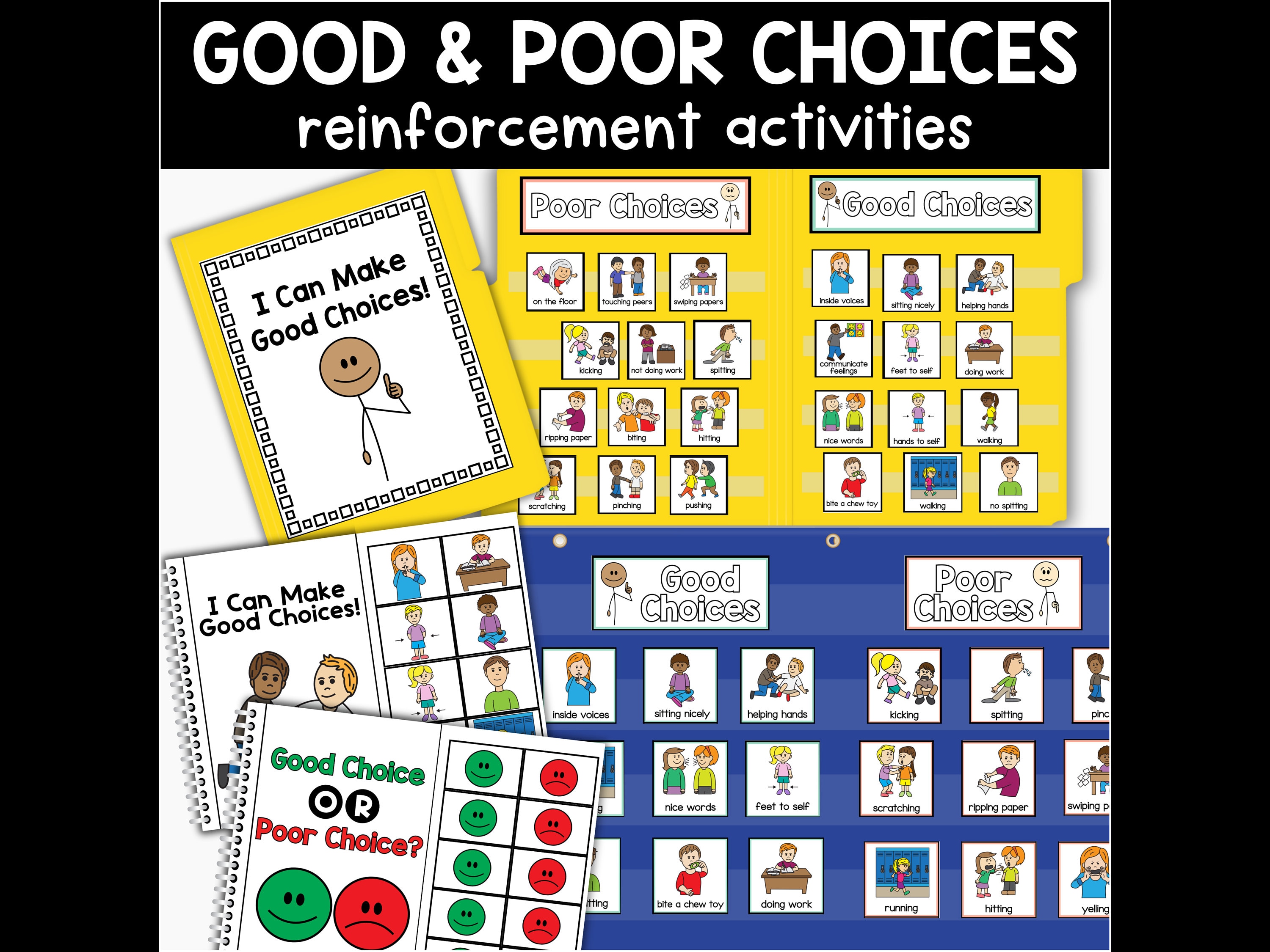 Good and Poor Choices Activities, Good Choices Adapted Books, Behavior Management, Behavior File Folder Sort, Pocket Chart Activity