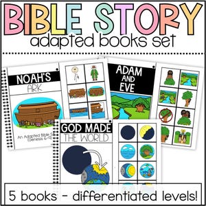 Op de afbeelding: Een set van vijf aangepaste Bijbelverhalenboeken. De covers tonen kleurrijke illustraties van Noach's Ark, Adam en Eva en andere bijbelse scènes. De titel "BIBLE STORY" wordt weergegeven in grote, veelkleurige letters.