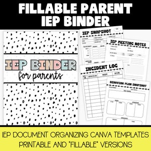 Op de afbeelding: Een printbare en invulbare IEP-map voor ouders. De map bevat sjablonen voor een IEP-snapshot, vergadernotities, een incidentenlogboek en een snapshot van het gedragsplan. De omslag heeft een zwart-wit stippenpatroon met de tekst "IEP Binder for Parents".