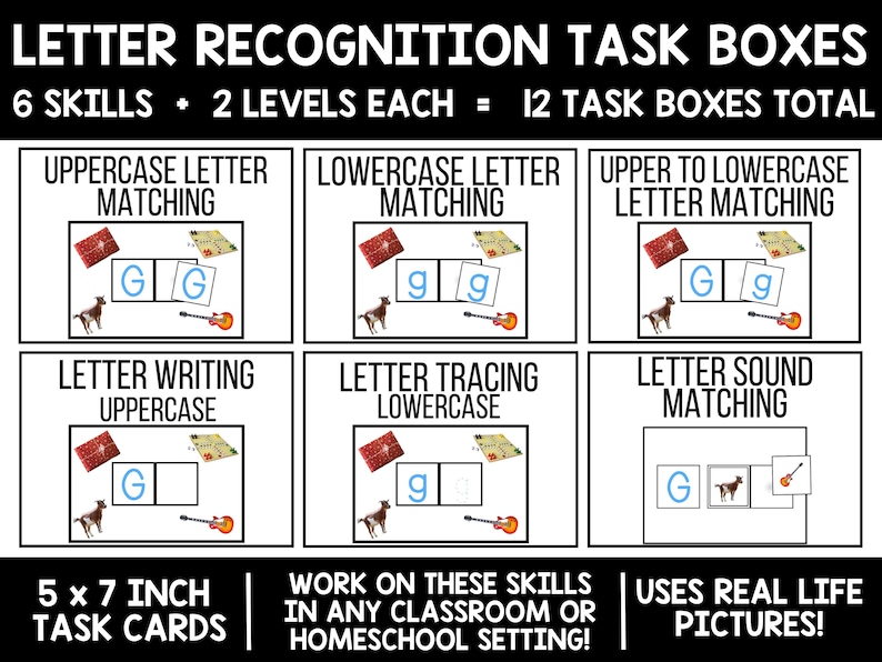 K&ouml;nnte beinhalten: Ein Satz von 12 Aufgabenboxen zur Buchstaben-Erkennung, mit 6 F&auml;higkeiten und 2 Schwierigkeitsstufen. Die Boxen beinhalten Aktivit&auml;ten wie das Zuordnen von Gro&szlig;- und Kleinbuchstaben, das Schreiben von Buchstaben, das Nachzeichnen von Buchstaben und das Zuordnen von Buchstabenlauten. Die Aufgabenkarten sind 12,7 x 17,8 cm gro&szlig; und verwenden realistische Bilder, um Kindern das Lernen zu erleichtern.