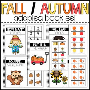 Puede incluir: Un conjunto de libros adaptados de otoño con páginas de actividades educativas, ilustraciones coloridas de un espantapájaros, una ardilla, calabazas en un vagón rojo y girasoles, incluyendo textos como How Many Patches y Fall Leaf Colors.