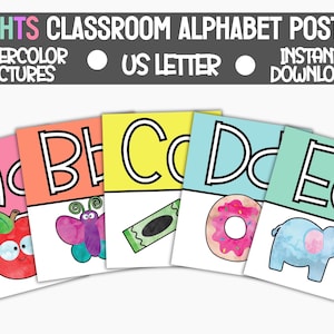 Printable Brights Classroom Decor, Watercolor Alphabet Classroom Posters, Teacher Classroom Supplies, Bright Classroom Decor