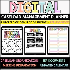 May include: Digital caseload management planner for Goodnotes. The planner includes a cover page with the text "Special Education case management", an index page with sections for student folders, meeting prep, planning, general info, caseload info, behavior documents, goal/data trackers, and note taking, and a student folders page with 30 lines for student names.