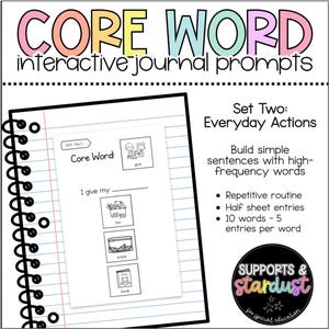 May include: A digital educational resource titled CORE WORD interactive journal prompts Set Two: Everyday Actions. It features a spiral-bound notebook graphic with a worksheet containing the text I give my and illustrations for toy, snack, and book.