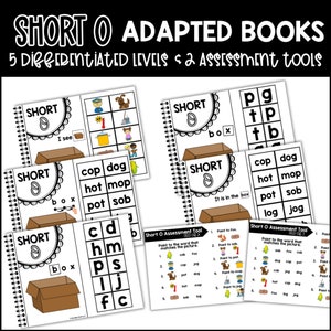 May include: A set of five differentiated short 'o' sound books for teaching phonics. Each book features a different level of difficulty, with activities such as matching pictures to words, identifying the short 'o' sound in words, and writing the letter 'o'. The books are designed to help students learn the short 'o' sound and improve their reading skills.