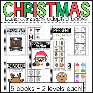 May include: A collection of Christmas-themed adapted books. The books cover basic concepts like prepositions, shape matching, counting, emotions, and colors. The title "CHRISTMAS" is in red and green. The set includes 5 books with 2 levels each.