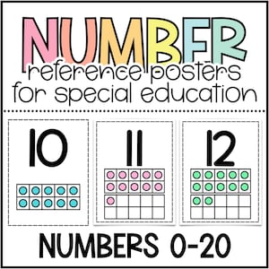 Op de afbeelding: Een kleurrijke educatieve poster met het woord "NUMBER" in pastelkleuren. Daaronder staat "reference posters for special education". De poster toont de getallen 10, 11 en 12 met visuele representaties met behulp van tienframes. De onderkant luidt "NUMBERS 0-20."