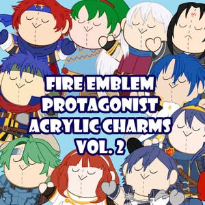 Puede incluir: Una colección de charms de acrílico de los protagonistas de Fire Emblem, con personajes de varios juegos de la serie. Los charms son de estilo chibi y presentan una variedad de colores y diseños. El texto "FIRE EMBLEM PROTAGONIST ACRYLIC CHARMS VOL. 2" se muestra en el centro de la imagen.